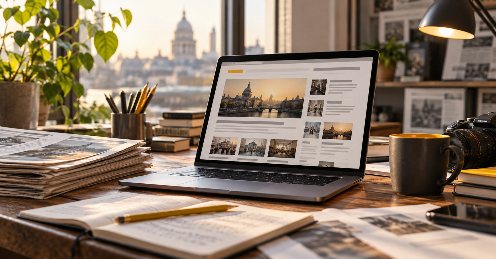 Scrivania editoriale con un computer aperto su un quotidiano online